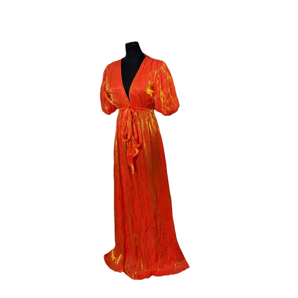 Fairiesty Formal Orange  Maxi Gown V Neck Shirt‎ Puff Sleeve SZ L Prom Wedding